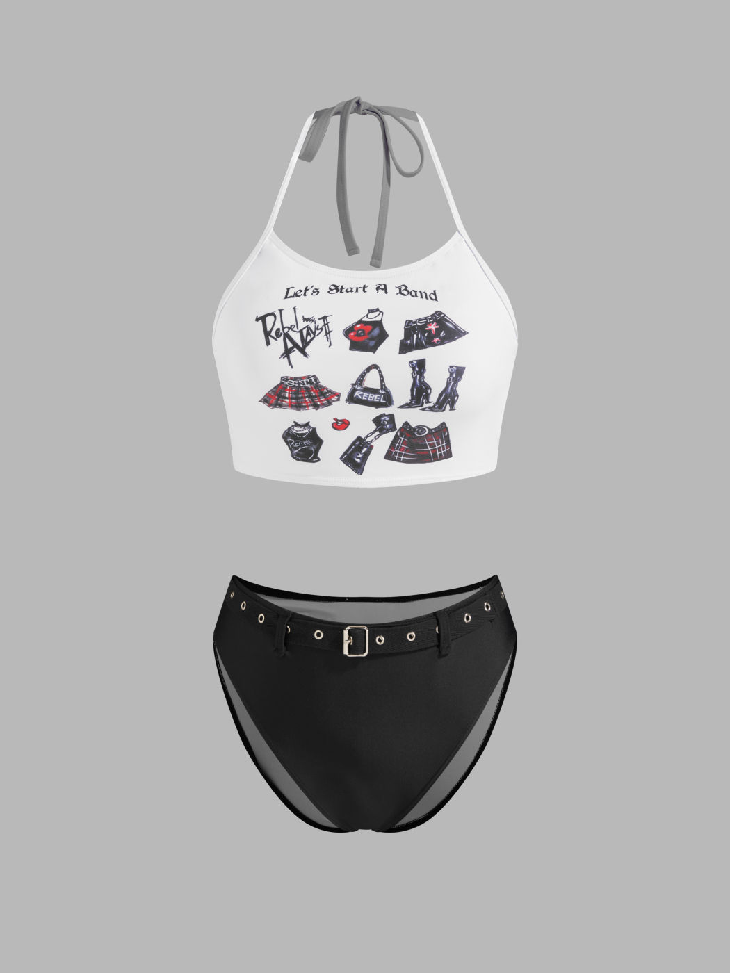 Let's Start A Band Graphic Halter Tankini Swimsuit with Belt (costume da bagno con cintura)