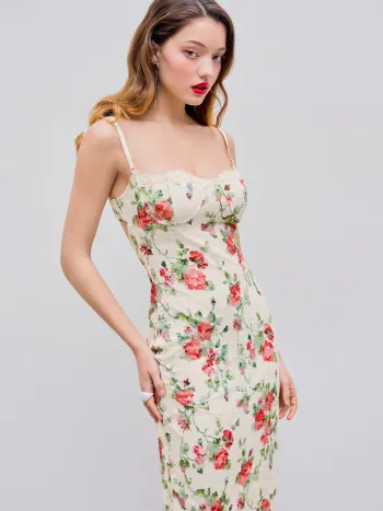 Lace Square Neck Floral Midi Dress