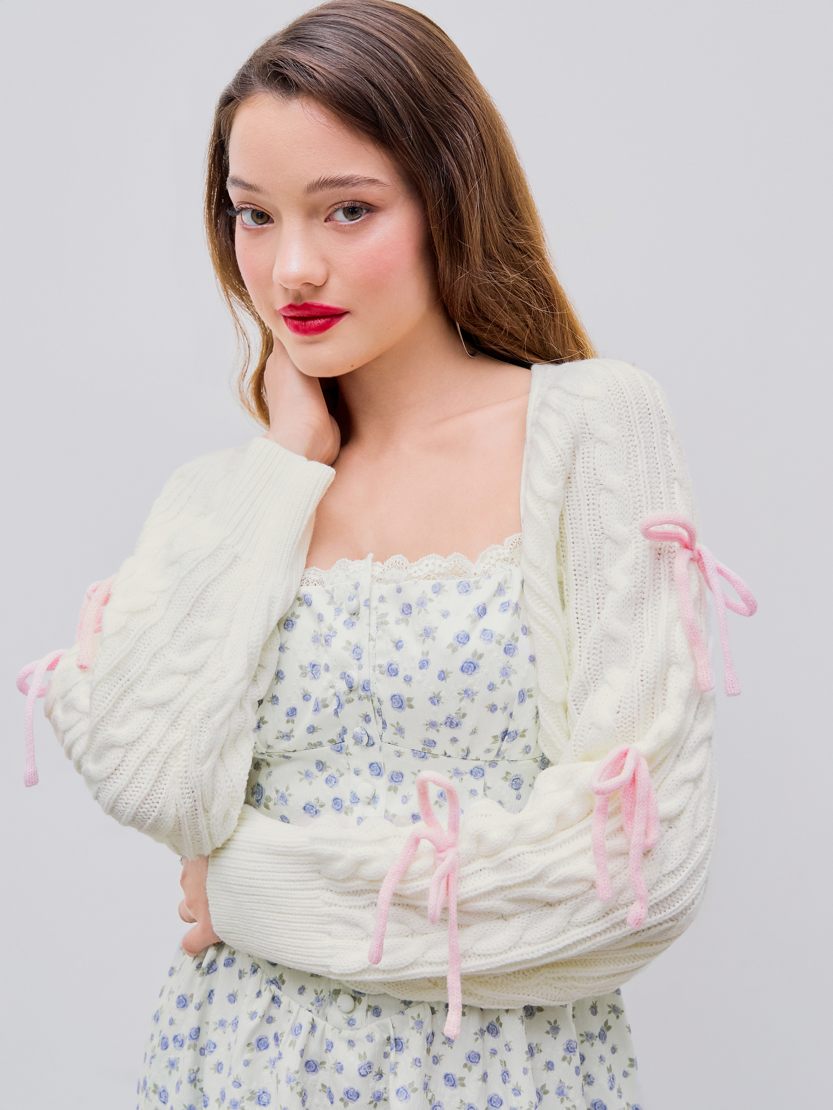 Knit Fabric Cable Knit Bowknot Long Sleeve Shrug For School Knit Fabric Cable Knit Bowknot Long Sleeve Shrug For School