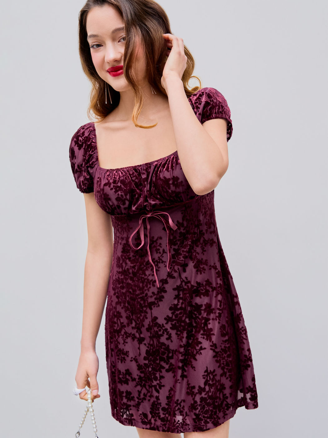 Velvet Square Neck Floral Bowknot Mini Dress