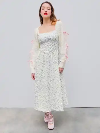 Midi-Kleid mit quadratischem Halsrand, Blumenmuster und Schnürcorsage