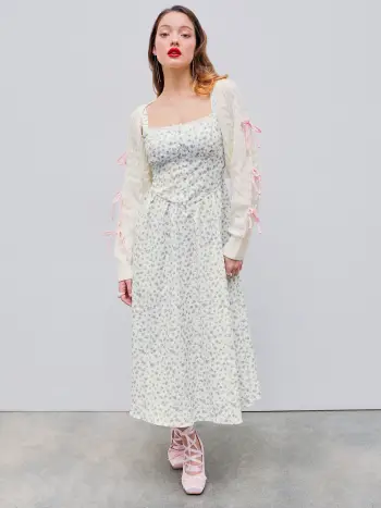 Square Neck Floral Corset Lace Up Midi Dress