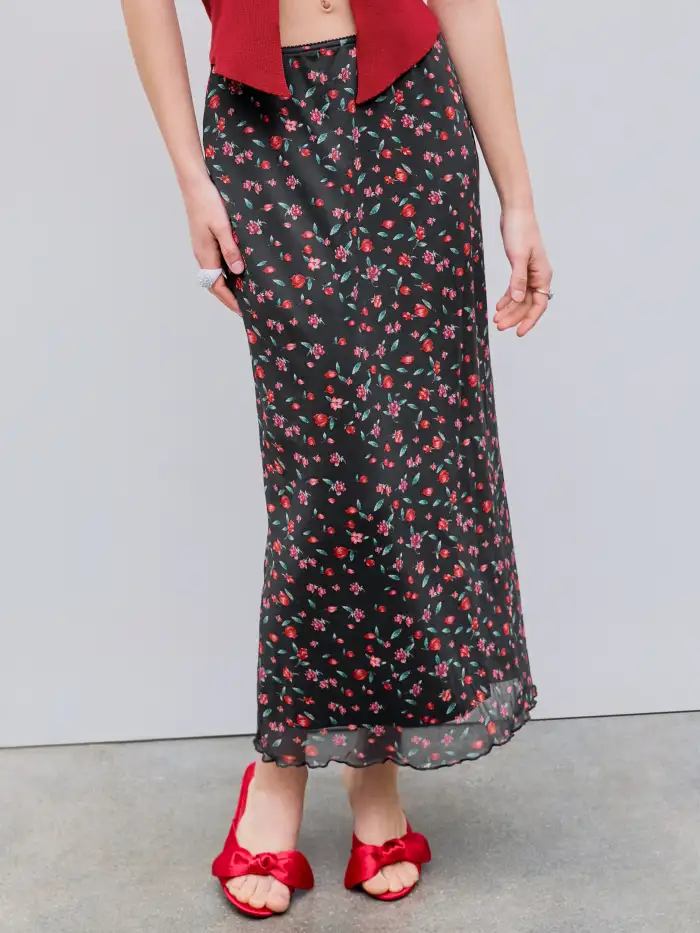Mesh High Rise Floral Maxi Skirt For Daily Casual Vacation Holiday