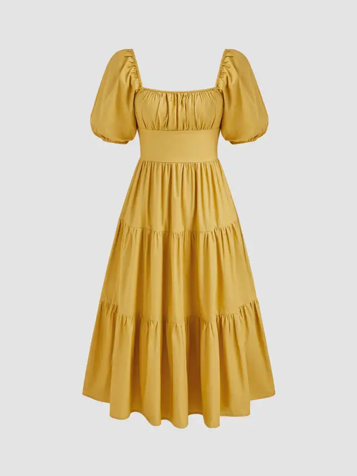 Puff Sleeve Dress Woven Shirred Tiered Ruffle Hem Puff Sleeve Midi