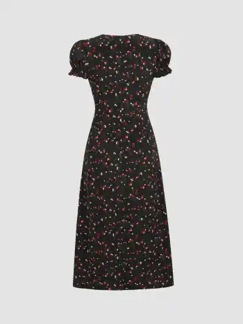  Quadratischer Ausschnitt Blumen Schleife Puffärmel Midikleid