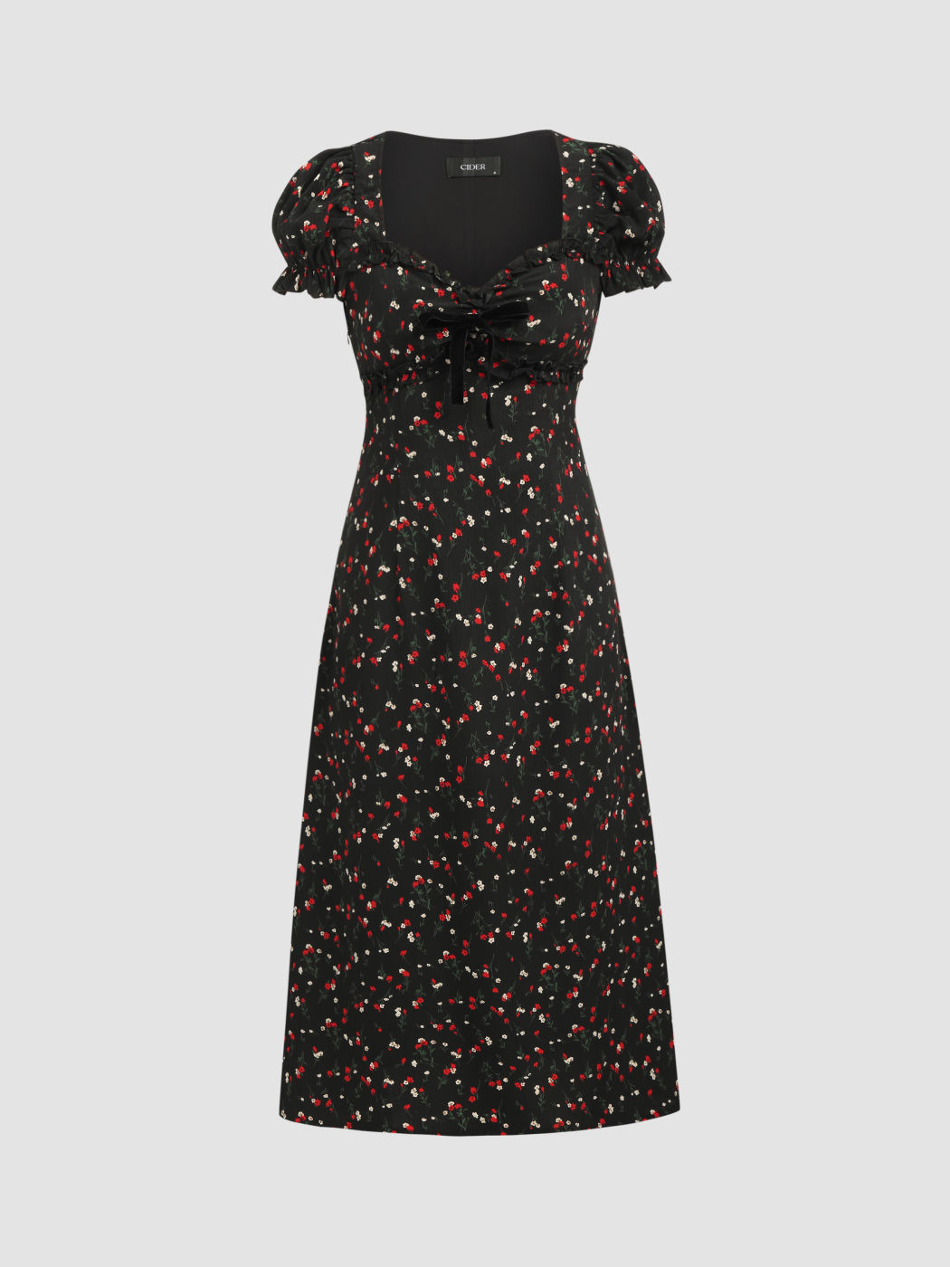 Square Neck Floral Bowknot Puff Sleeve Midi Dress