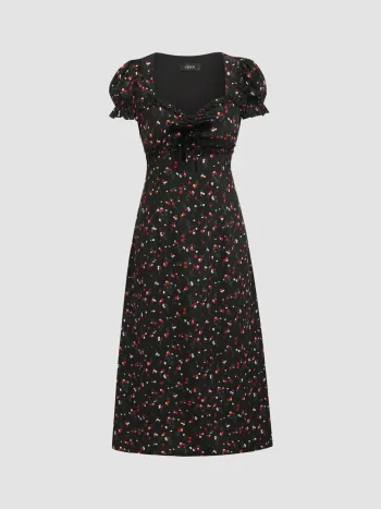  Quadratischer Ausschnitt Blumen Schleife Puffärmel Midikleid
