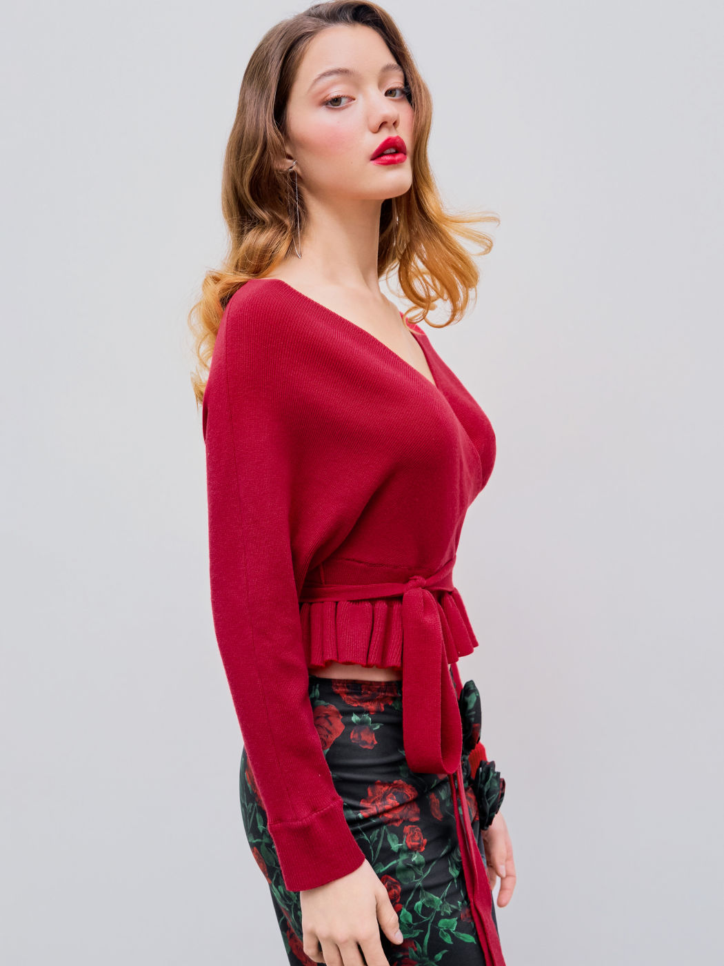 V-neck Solid Wrap Belted Knitted Long Sleeve Crop Sweater
