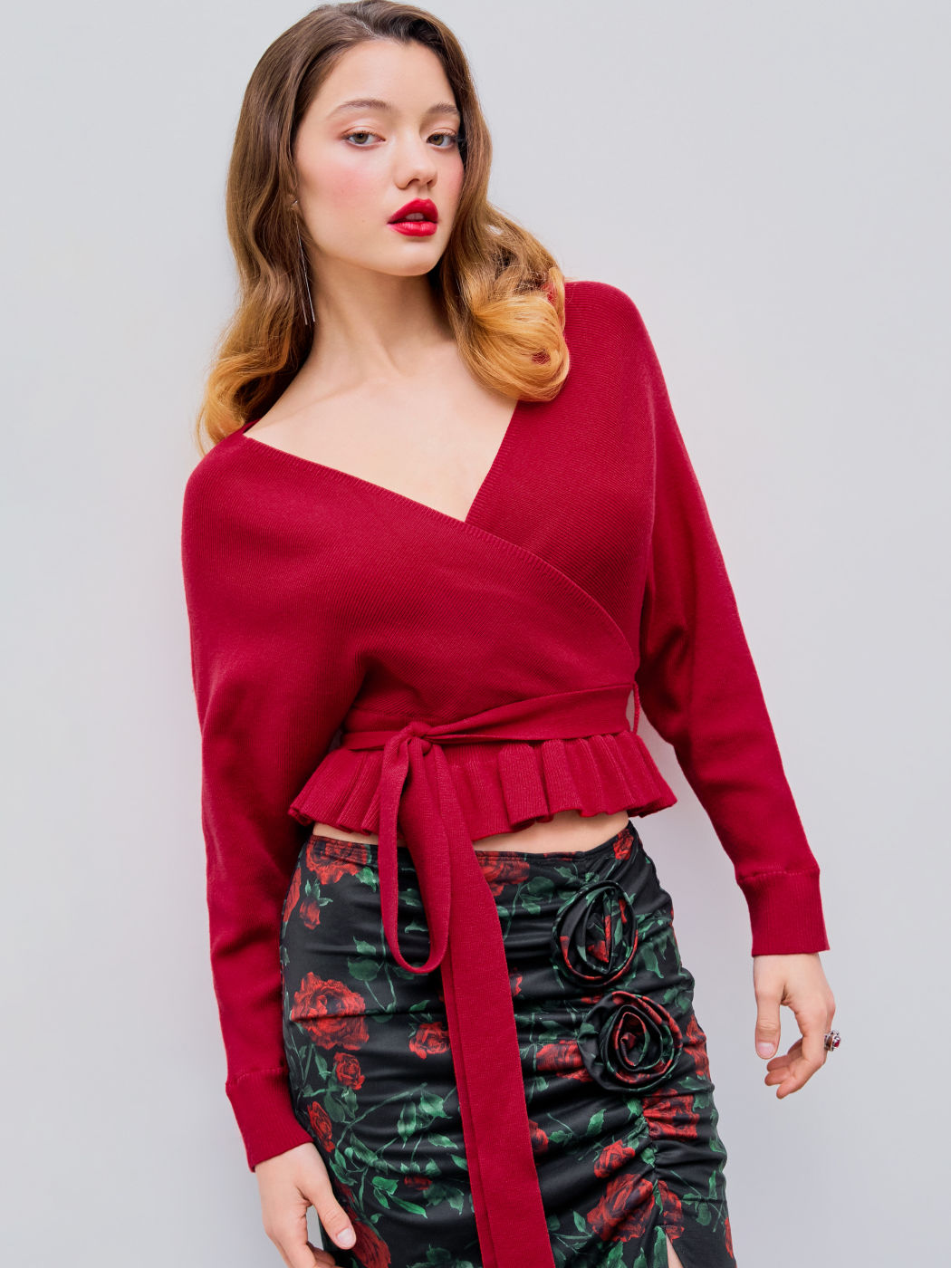 V-neck Solid Wrap Belted Knitted Long Sleeve Crop Sweater
