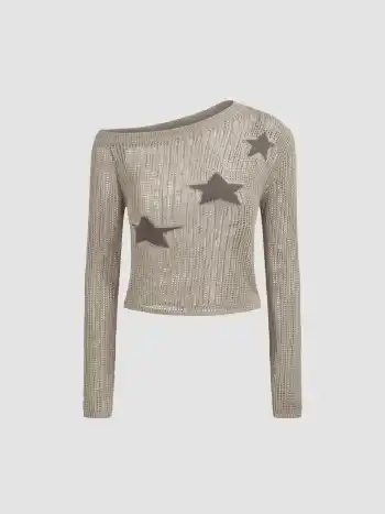 Asymmetrical Neck Star Knitted Long Sleeve Top