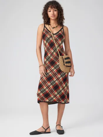 V-neck Plaid Knitted Midi Dress