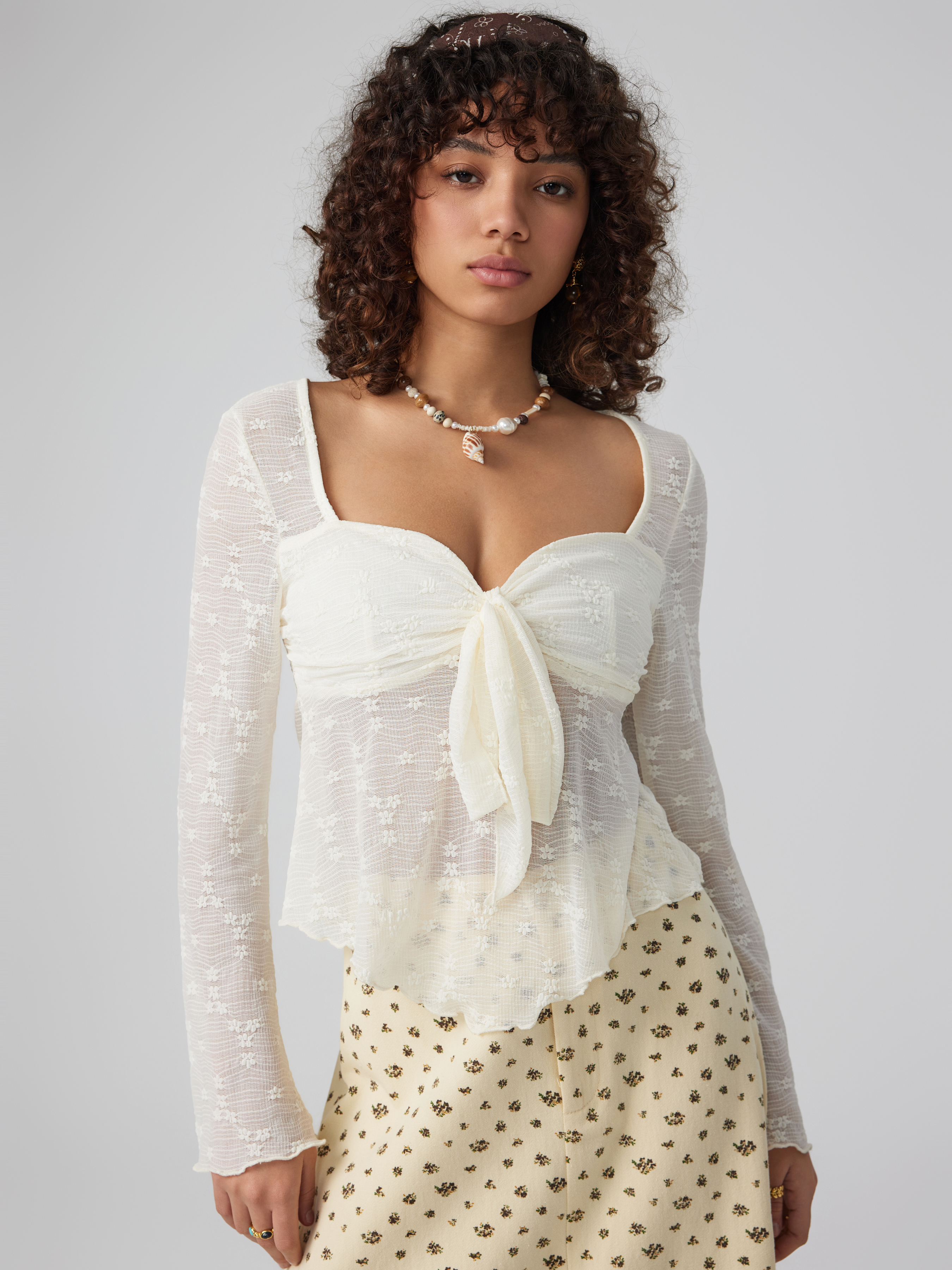 Lace Lace Square Neck Knotted Long Sleeve Top For Daily Lace Lace Square Neck Knotted Long Sleeve Top For Daily