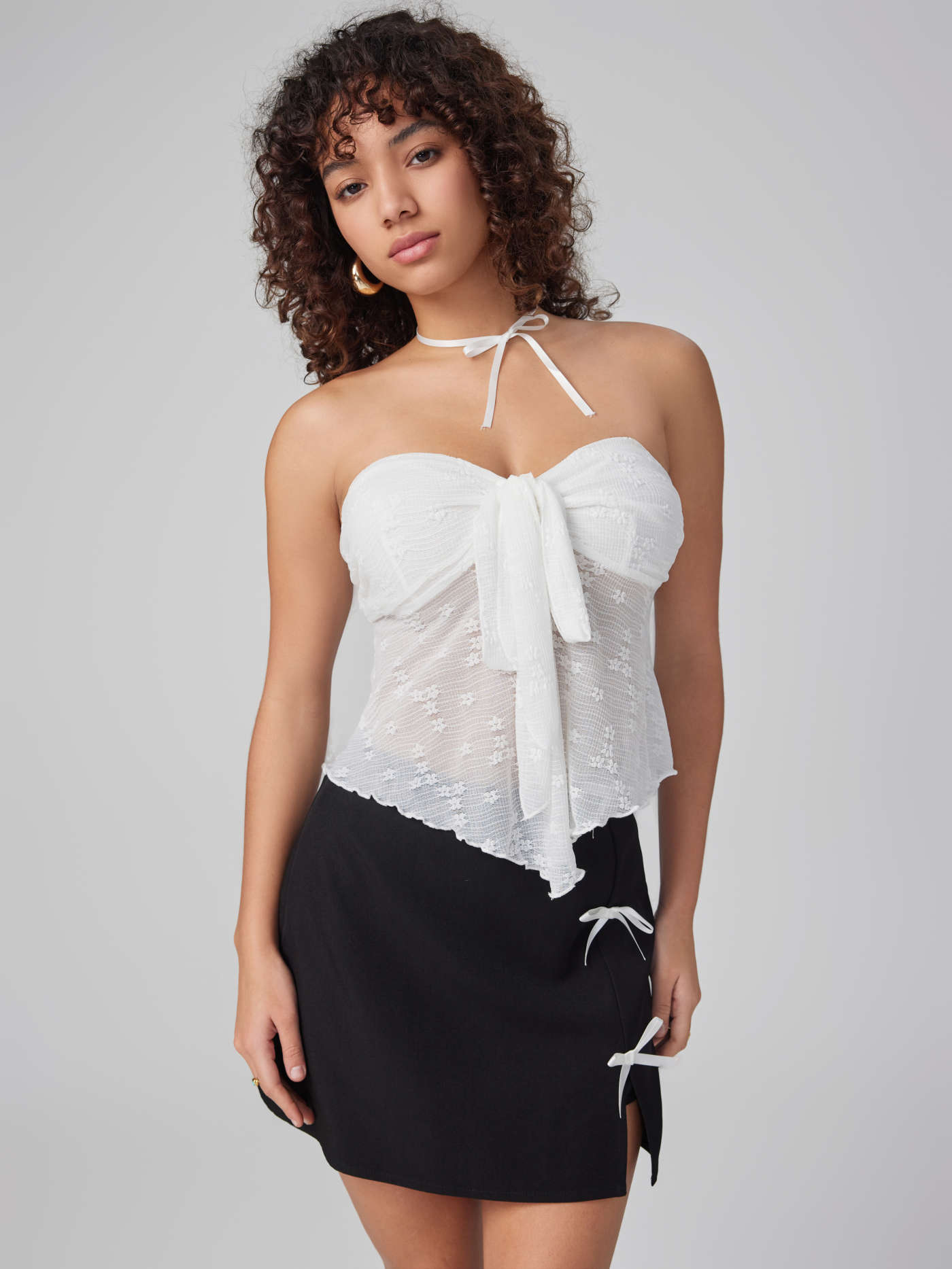 Knit Fabric Floral Tie Front Tube Top For Date Vacation Holiday Beach