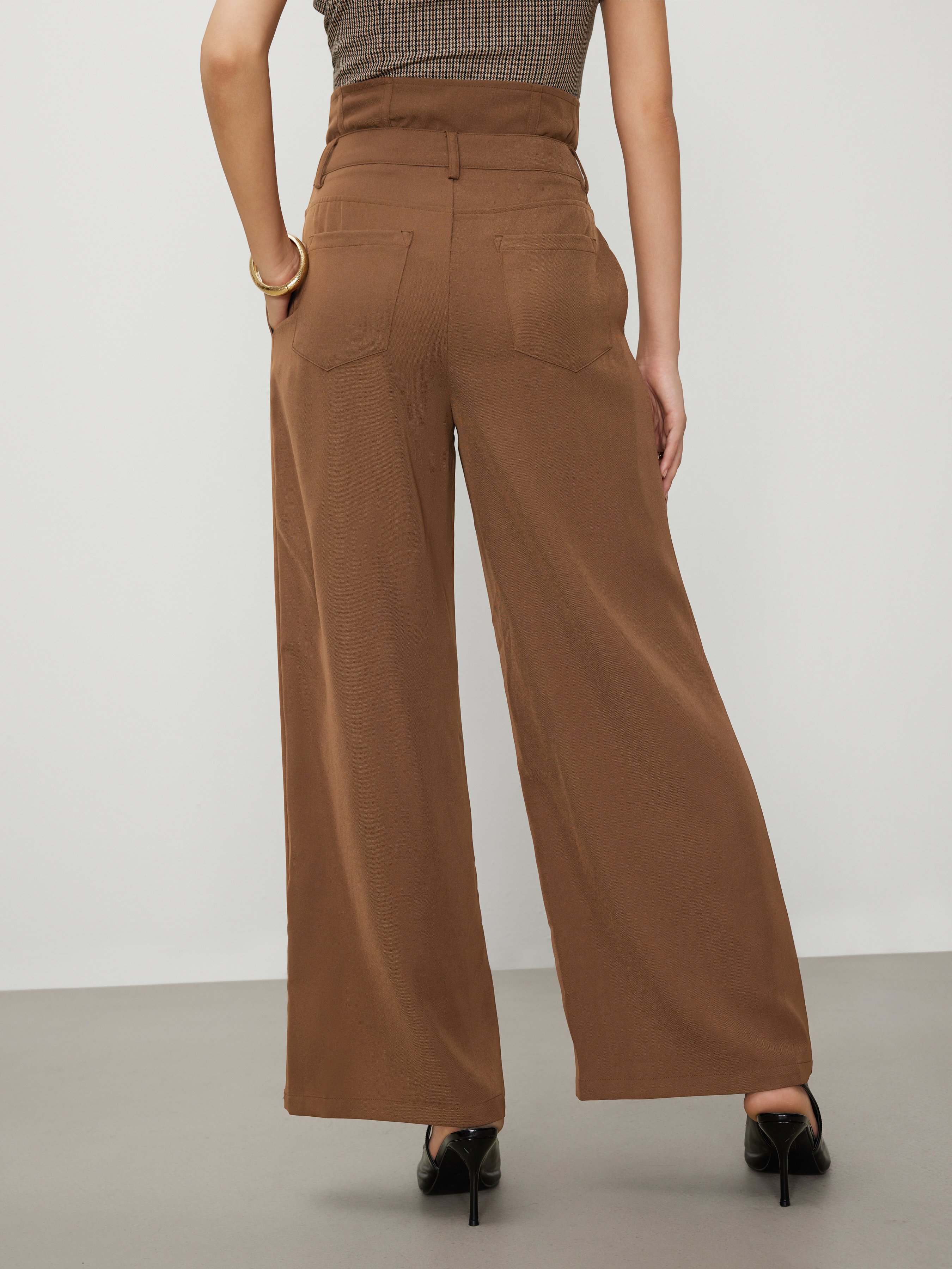 Double Waist Pleated Wide Leg Trousers For Daily Casual Coffee