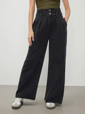 Double High Rise Solid Button Wide Leg Jeans