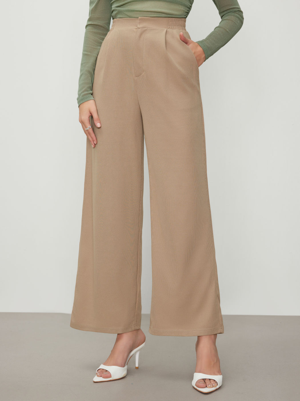 High Waist Solid Elastic Waist Wide Leg Trousers