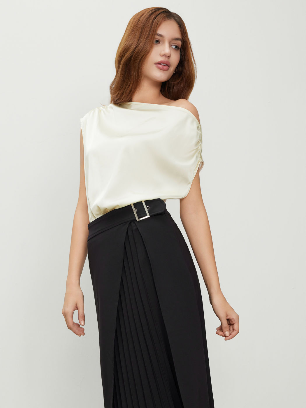 Satin Asymmetrical Neck Solid Ruched Bodysuit