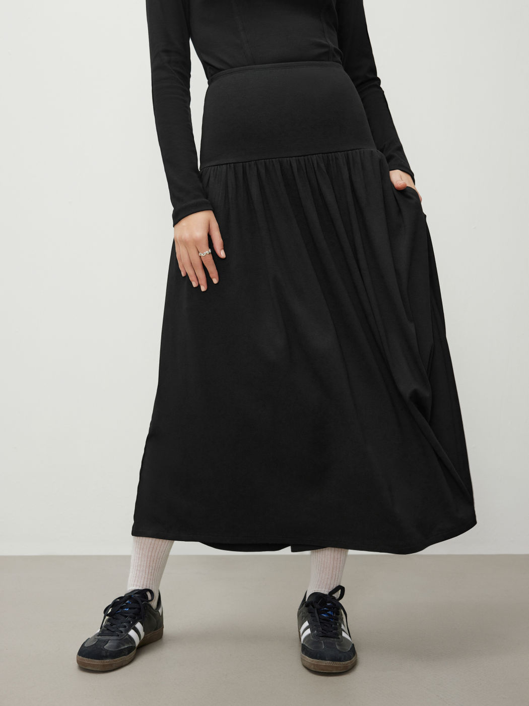 High Rise Ruffle Solid Pocket Maxi Skirt