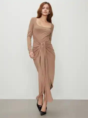 Rib Knit Square Neck Solid Twist Maxi Dress