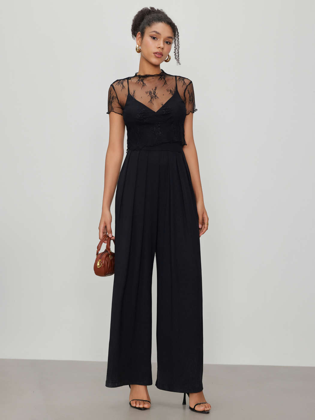 Buy 831 - Plus Size V Neck Lace Top Palazzo Wide Pants Jumpsuit Black (3X)  at