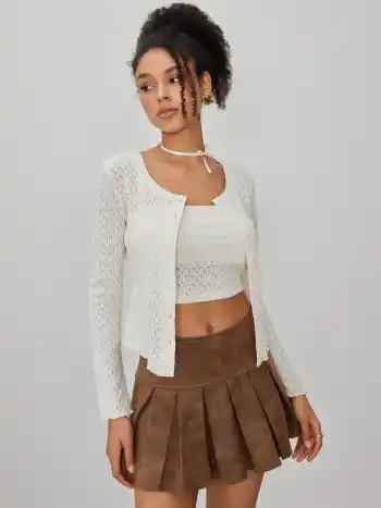 Solid Geometric Button Long Sleeve Cardigan With Tube Top