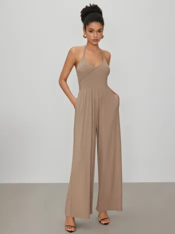 Halterhals-Solid-Wrap-Breitbein-Overalls