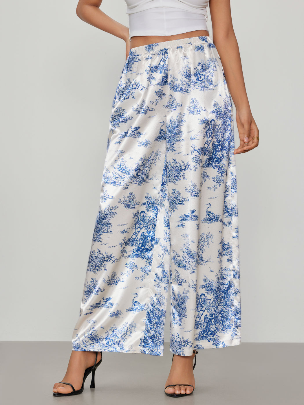 Toile de Jouy Elastic Waist Wide Leg Trousers