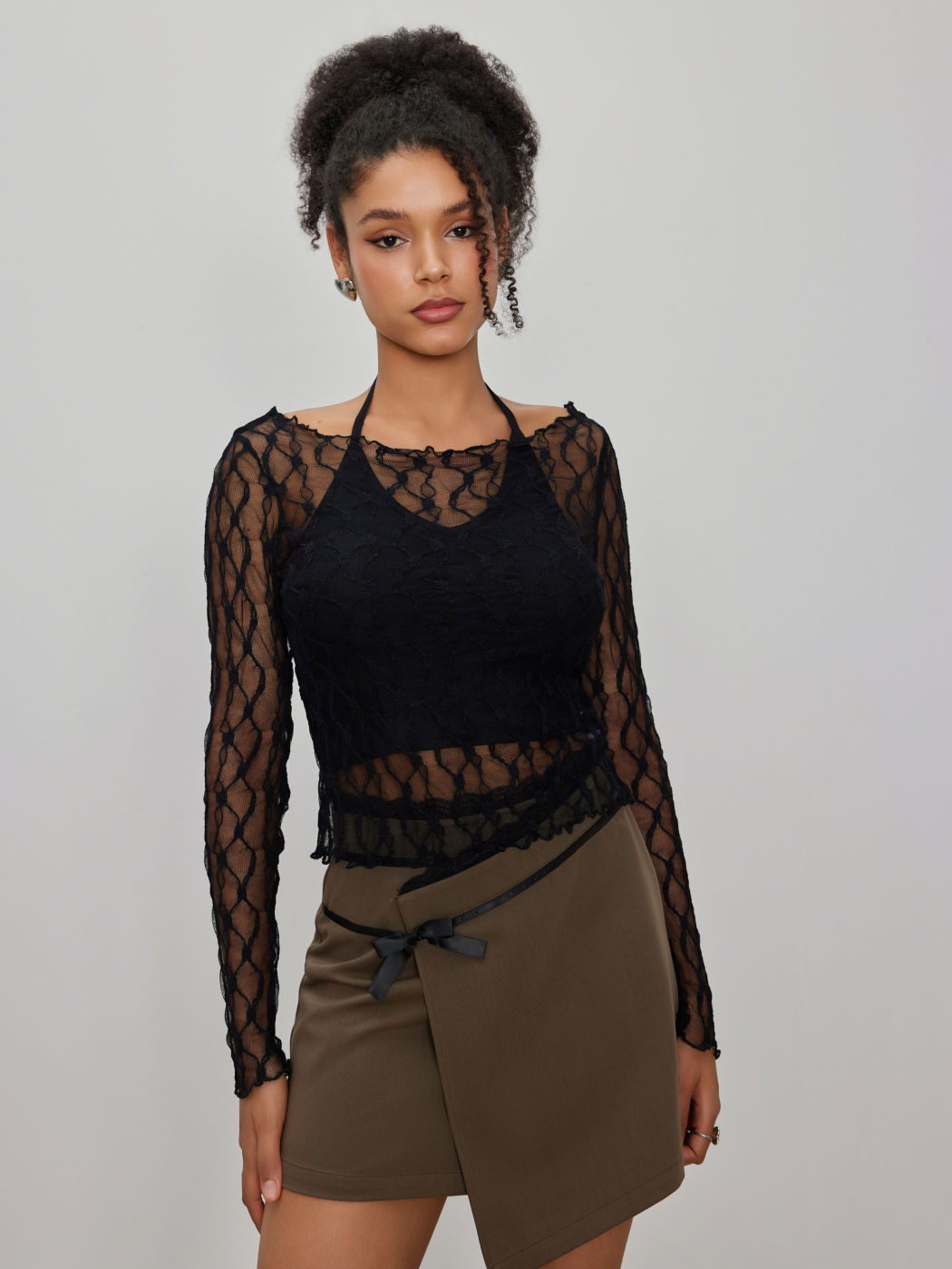See-through Lace Long Sleeve Tee & Halter Tank Top 
