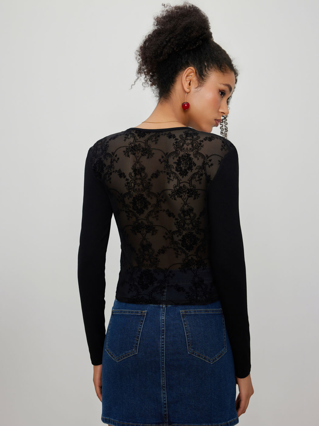 Floral See-Through Back Patchy Long Sleeve Top