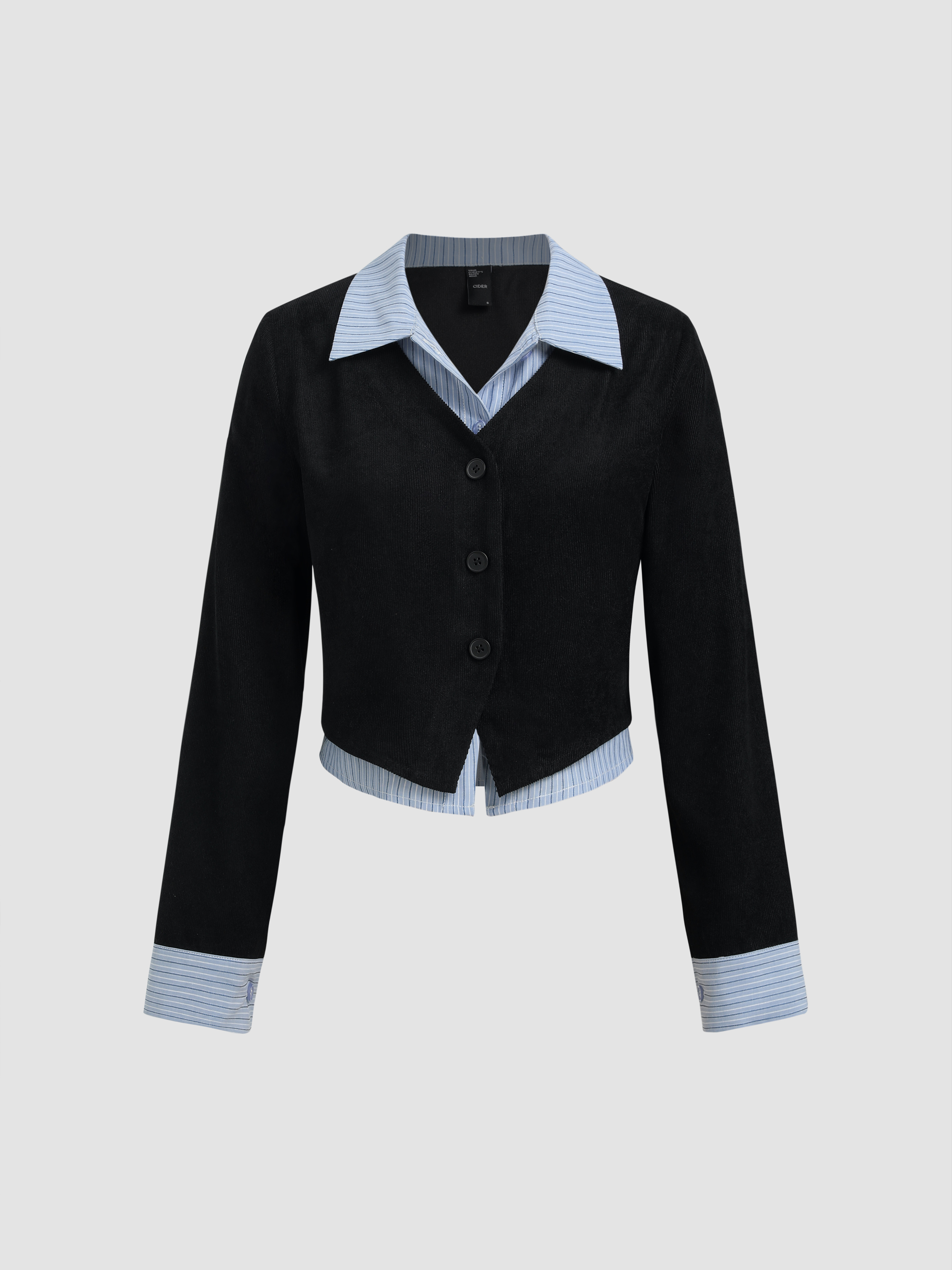 Corduroy Collar Solid Patchy Long Sleeve Shirt