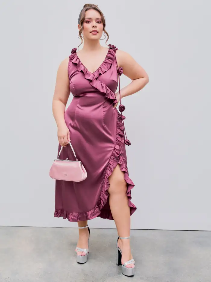 V-neck Rosette Ruffle Hem Backless Split Maxi Dress Curve & Plus For Date  Party/Clubbing