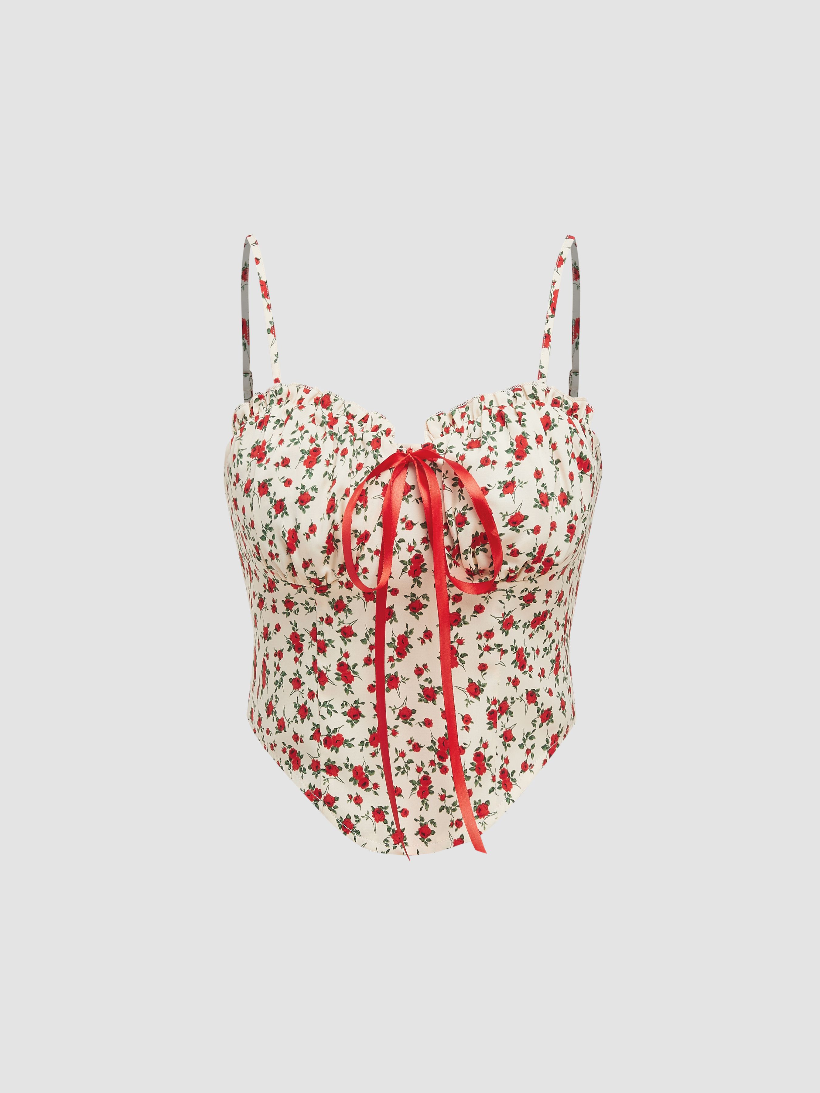 V-neck Floral Bowknot Crop Cami Top - Cider