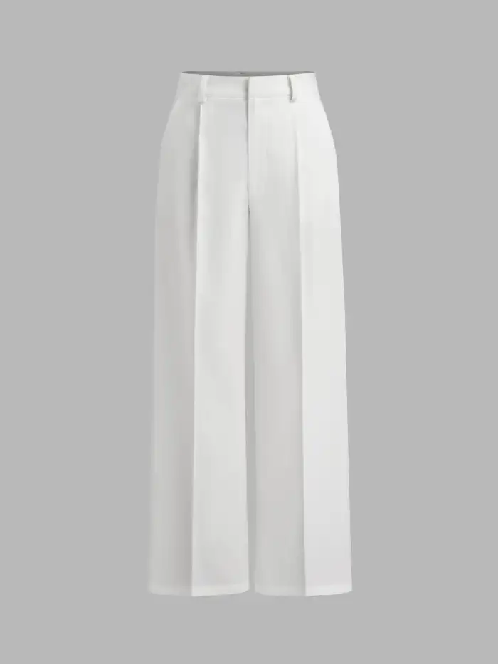 Mid Waist Solid Pocket Straight Leg Trousers With Belt
