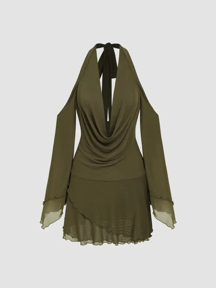 Mesh Cowl Neck Halter Mini Dress For Party/Clubbing Music Festival/Live  House