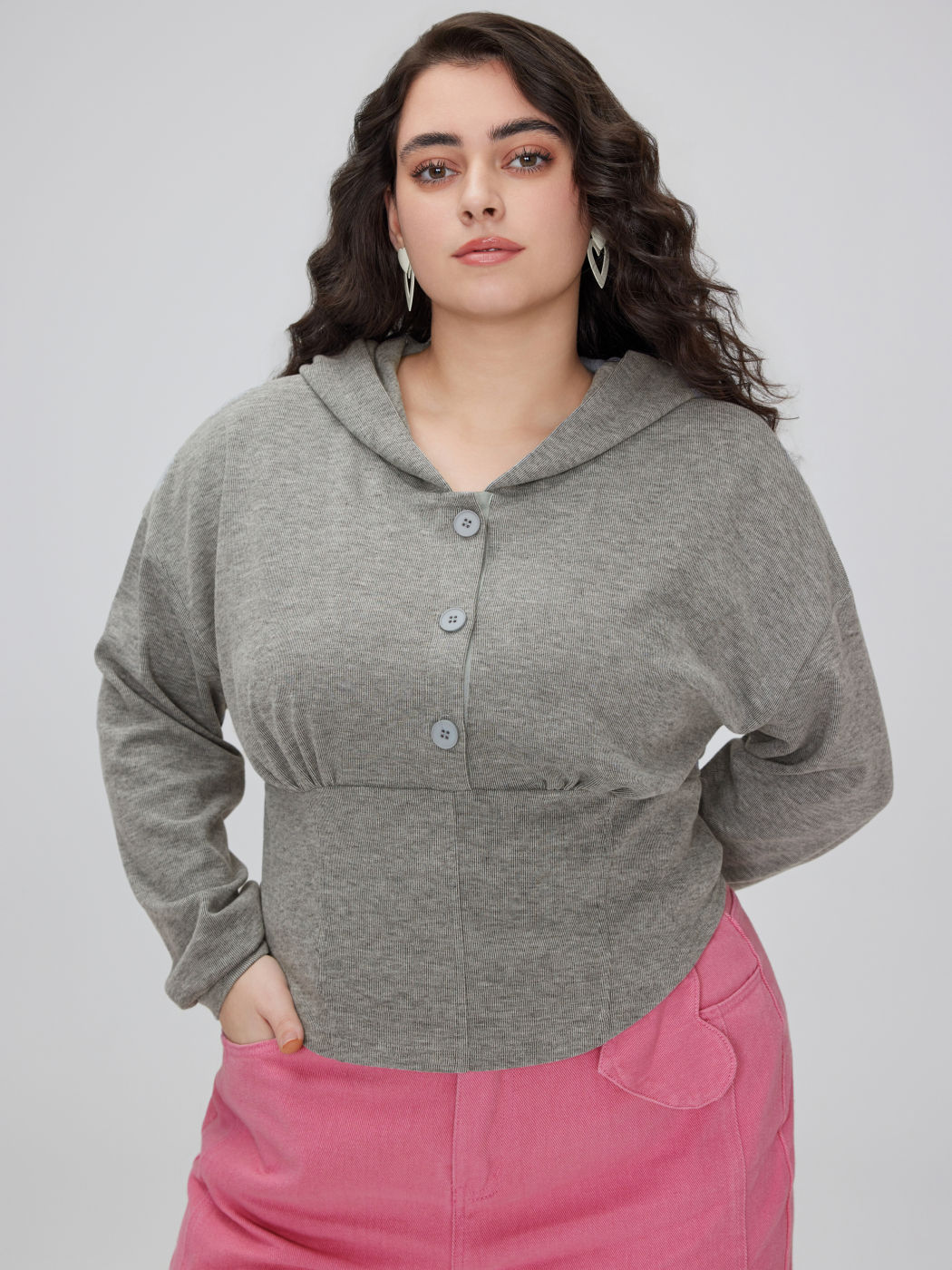 Knit Solid Button Corsetto Crop Hoodie Curve & Plus
