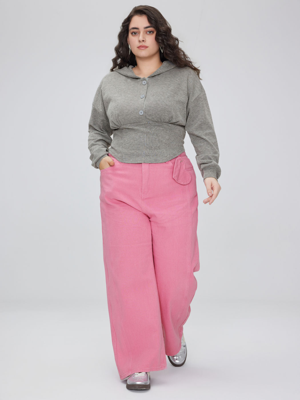 Knit Solid Button Corsetto Crop Hoodie Curve & Plus