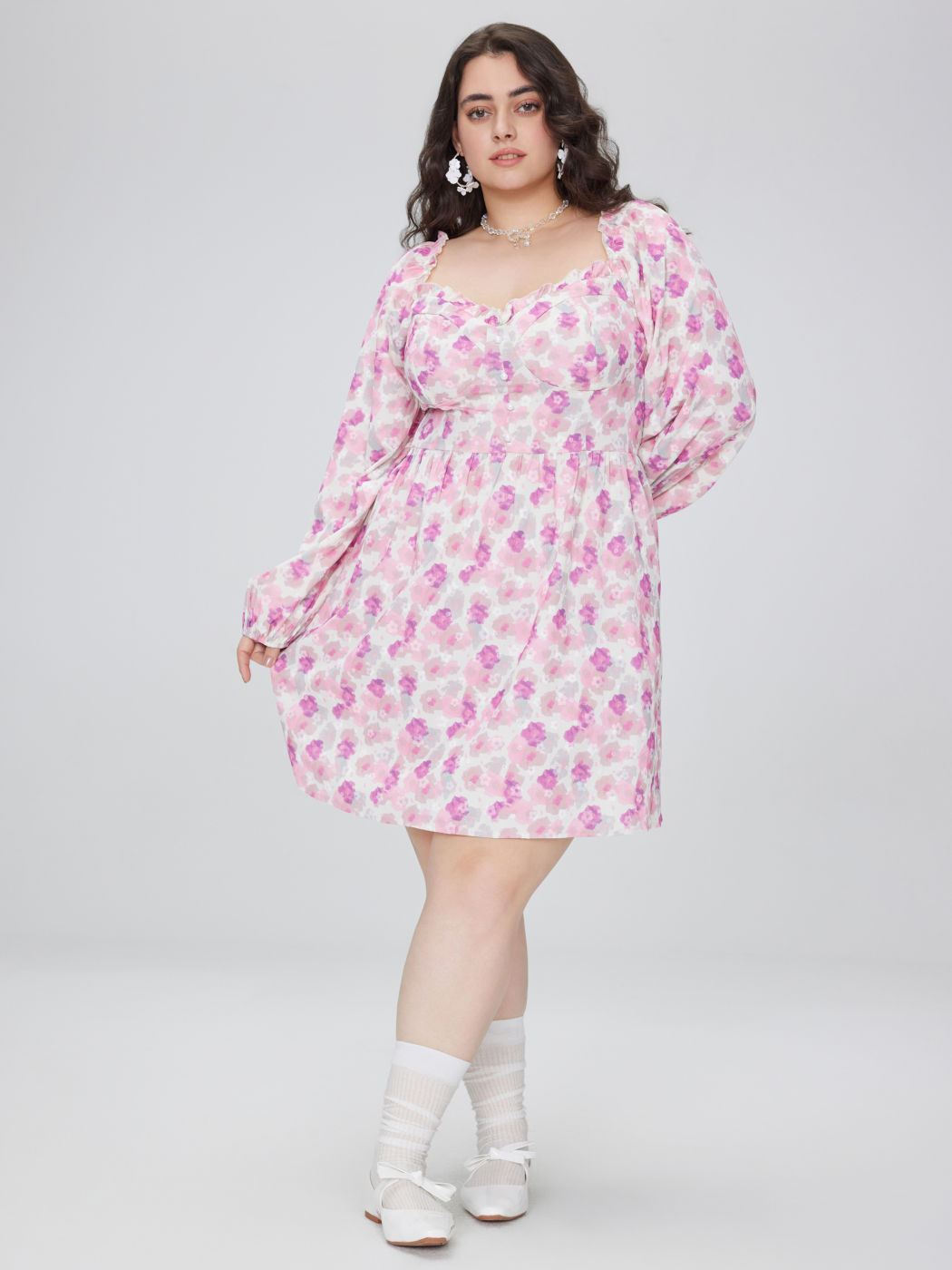 Jacquard Square Neck Floral Mini Dress Curve & Plus