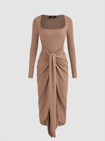 Rib Knit Square Neck Solid Twist Maxi Dress