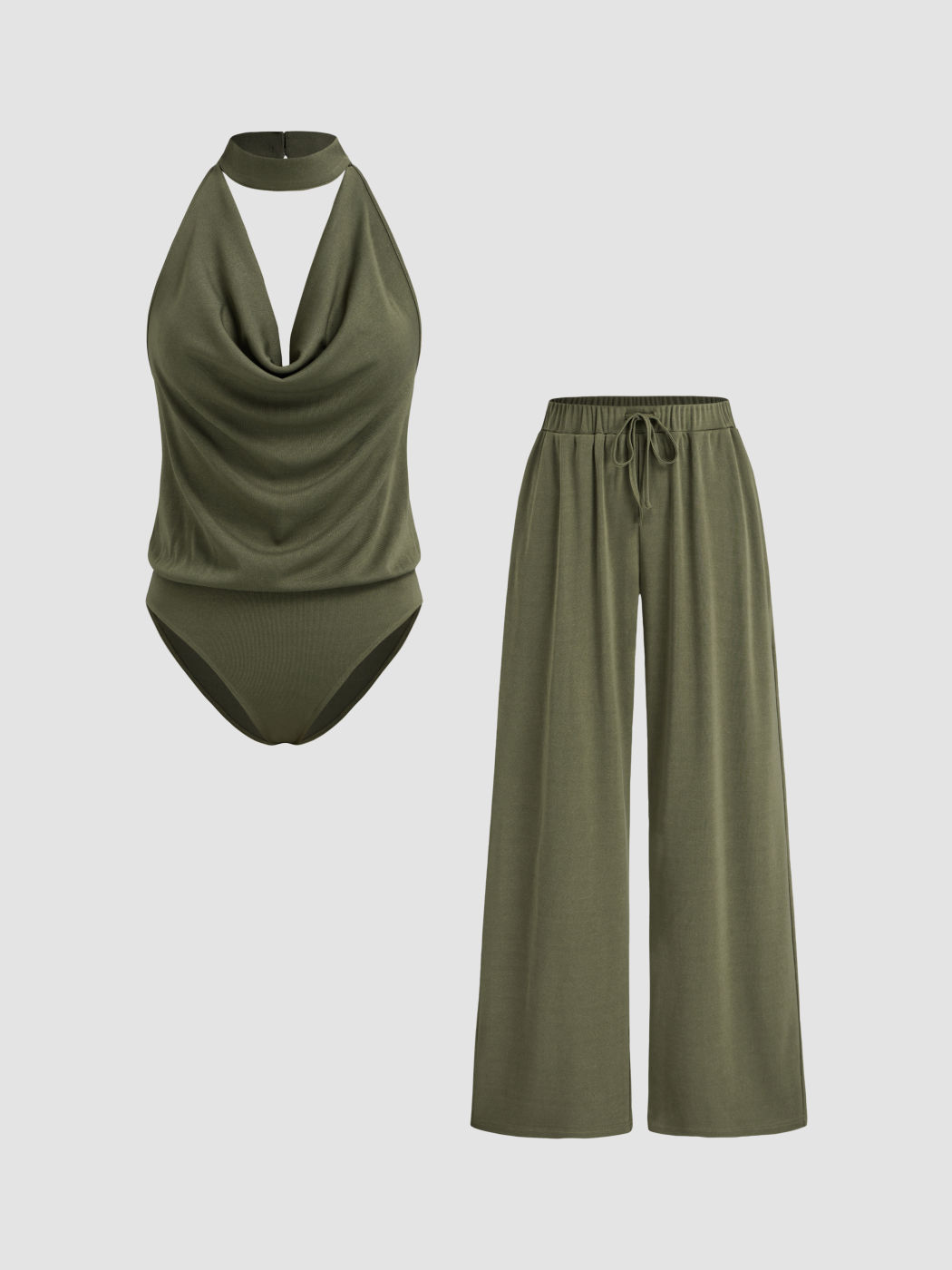 Jersey Cowl Neck Halter Bodysuit & Solid Knotted Trousers