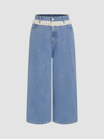Denim Mid Rise Lace Trim Straight Leg Trousers Curve & Plus