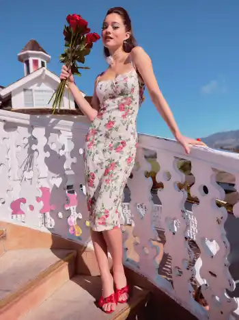 Lace Square Neck Floral Midi Dress