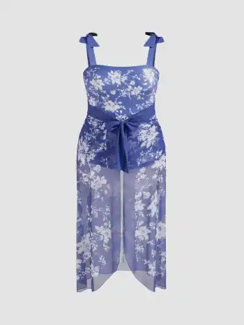  Einteiler Badeanzug mit Quadratischem Ausschnitt, Schleifenknoten, Blumenmuster & Sarong Kurve & Plus