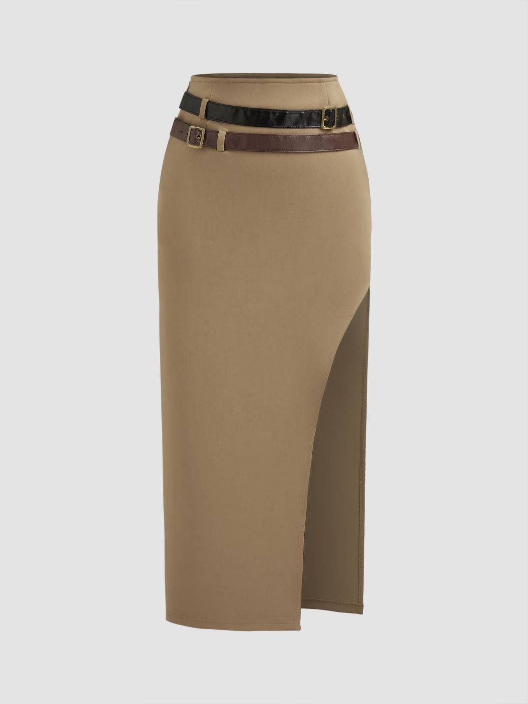 Woven Mid Rise Double Belted Split Mini Skirt