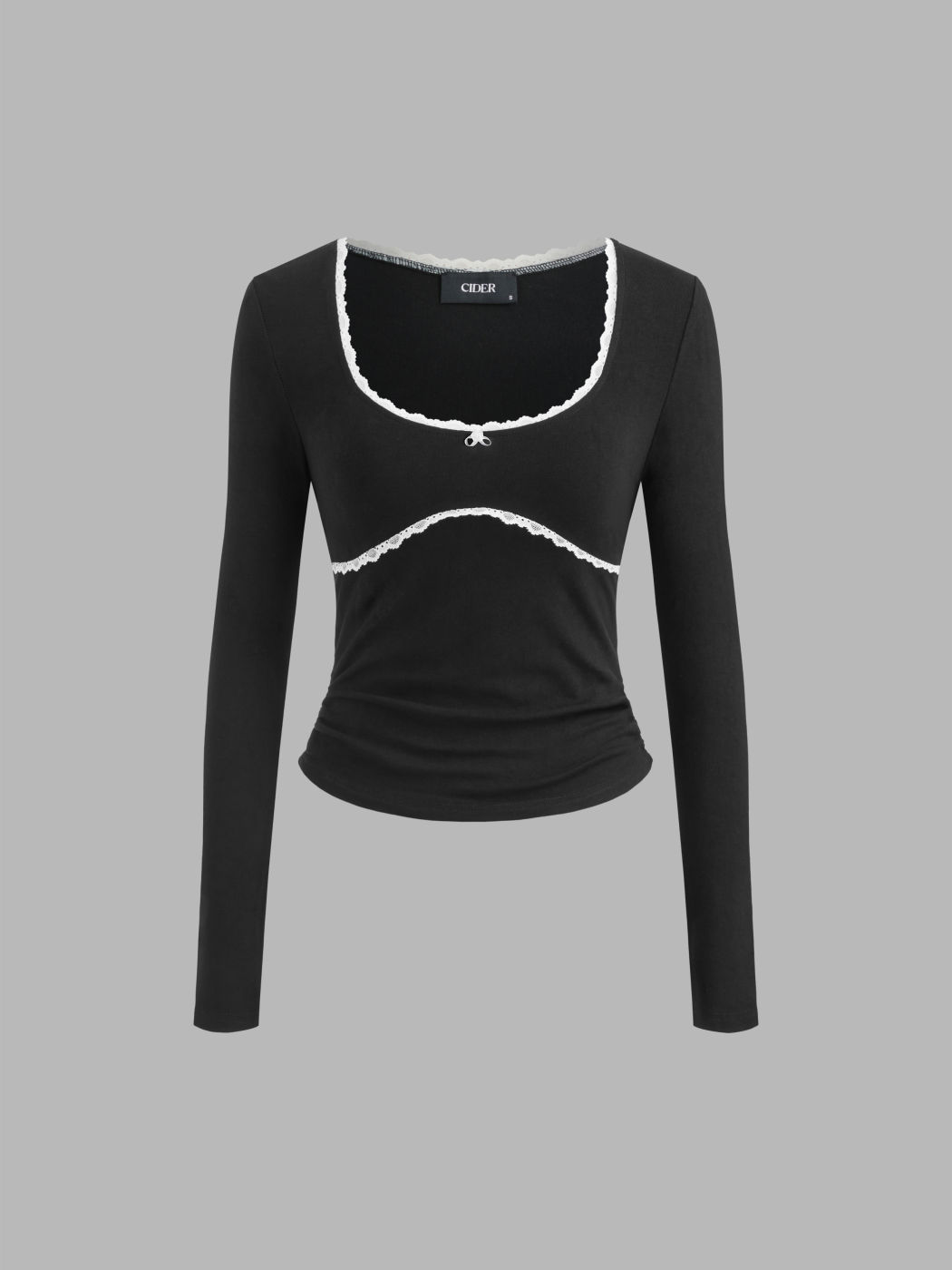U-neck Solid Contrasting Binding Long Sleeve Top