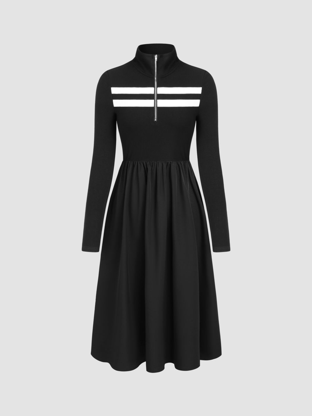 Collar Striped Zipper Midi Dress