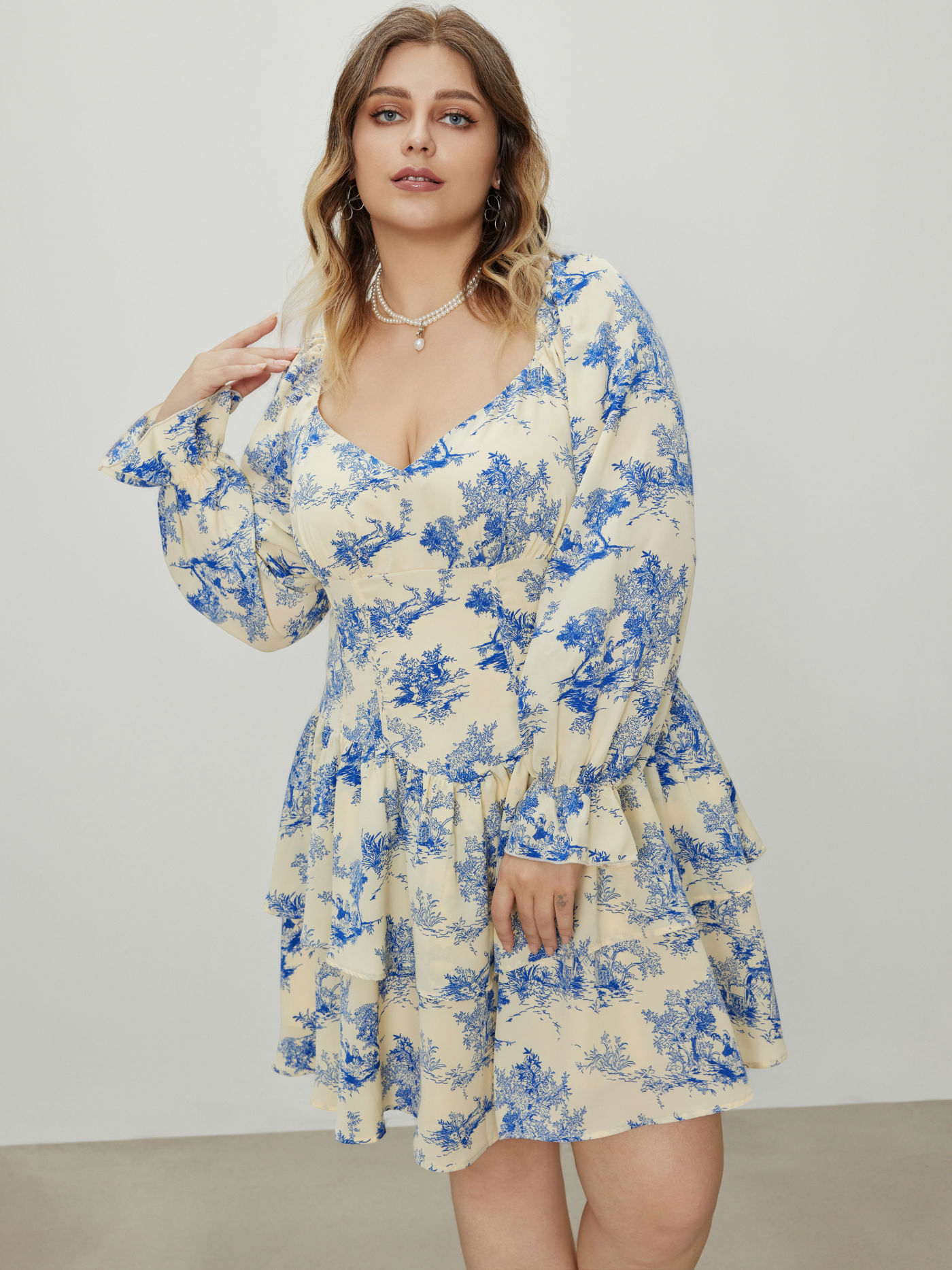 Toile De Jouy Square Neck Ruffle Mini Dress Curve & Plus