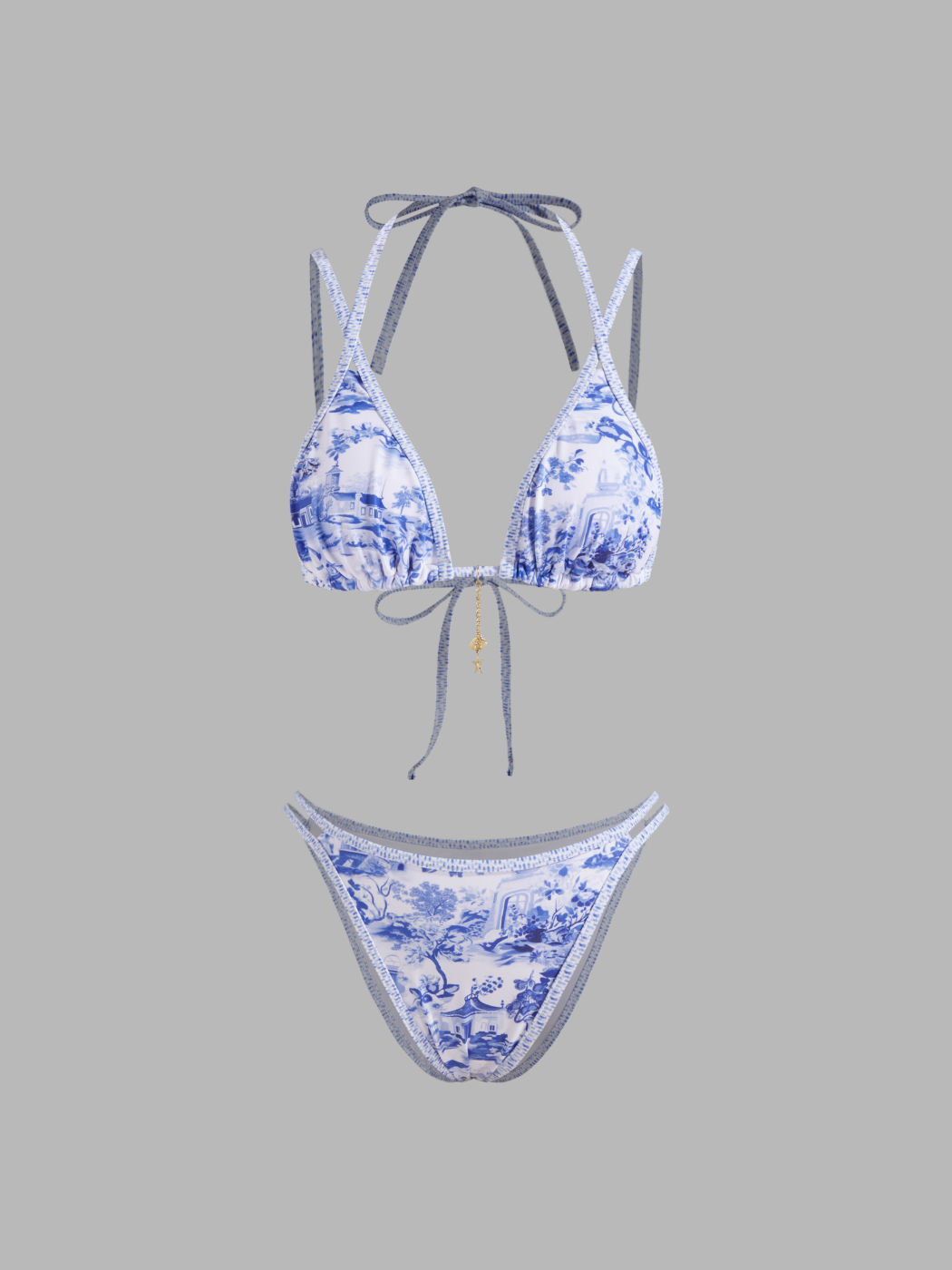 Halter Landscape Painting Shell Chain Detail Bikini Swimsuit With Crochet Cover Up Skirt
