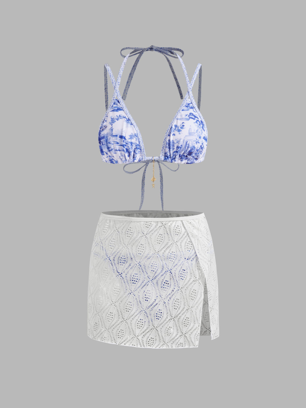 Halter Landscape Painting Shell Chain Detail Bikini Swimsuit With Crochet Cover Up Skirt