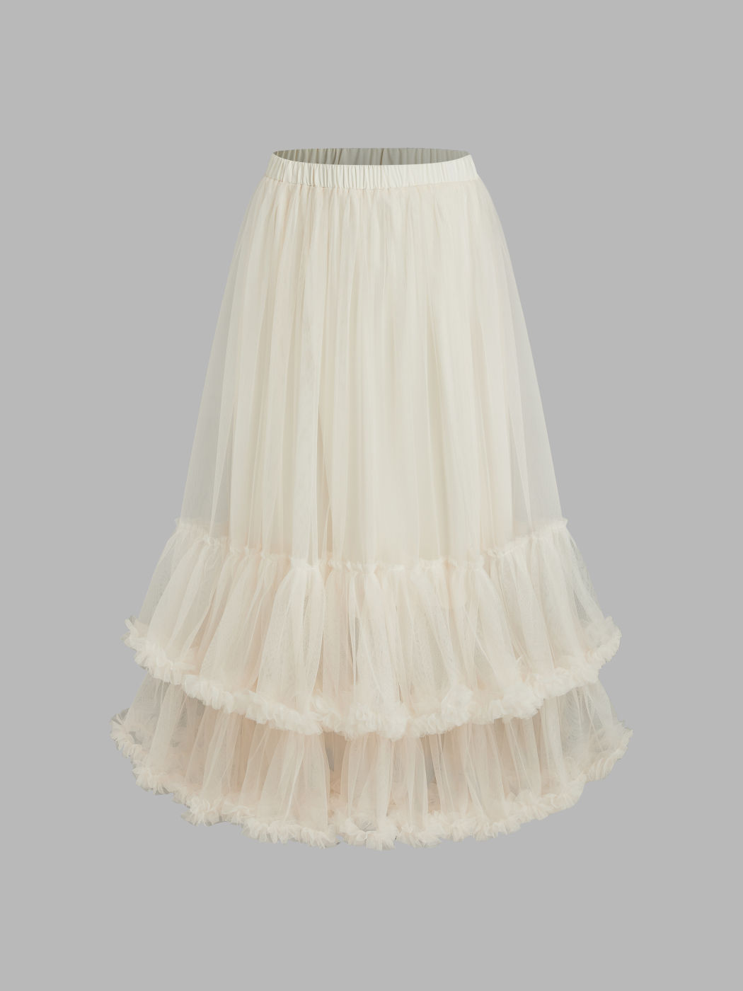 Voluminous Mesh Mid Rise Layered Tulle Ruffle Hem Maxi Skirt
