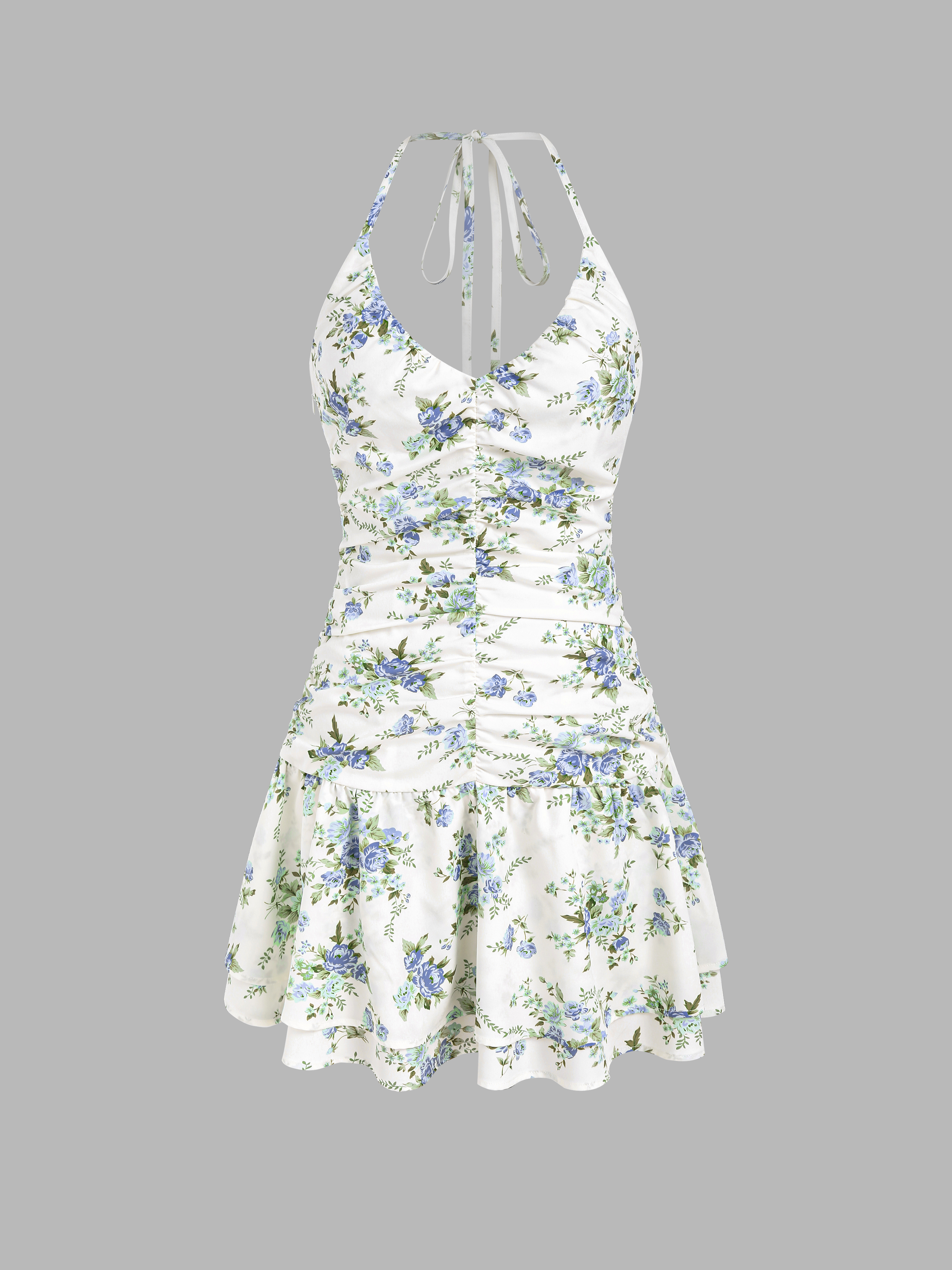 Halter V-neck Floral Layered Ruffle Hem Mini Dress